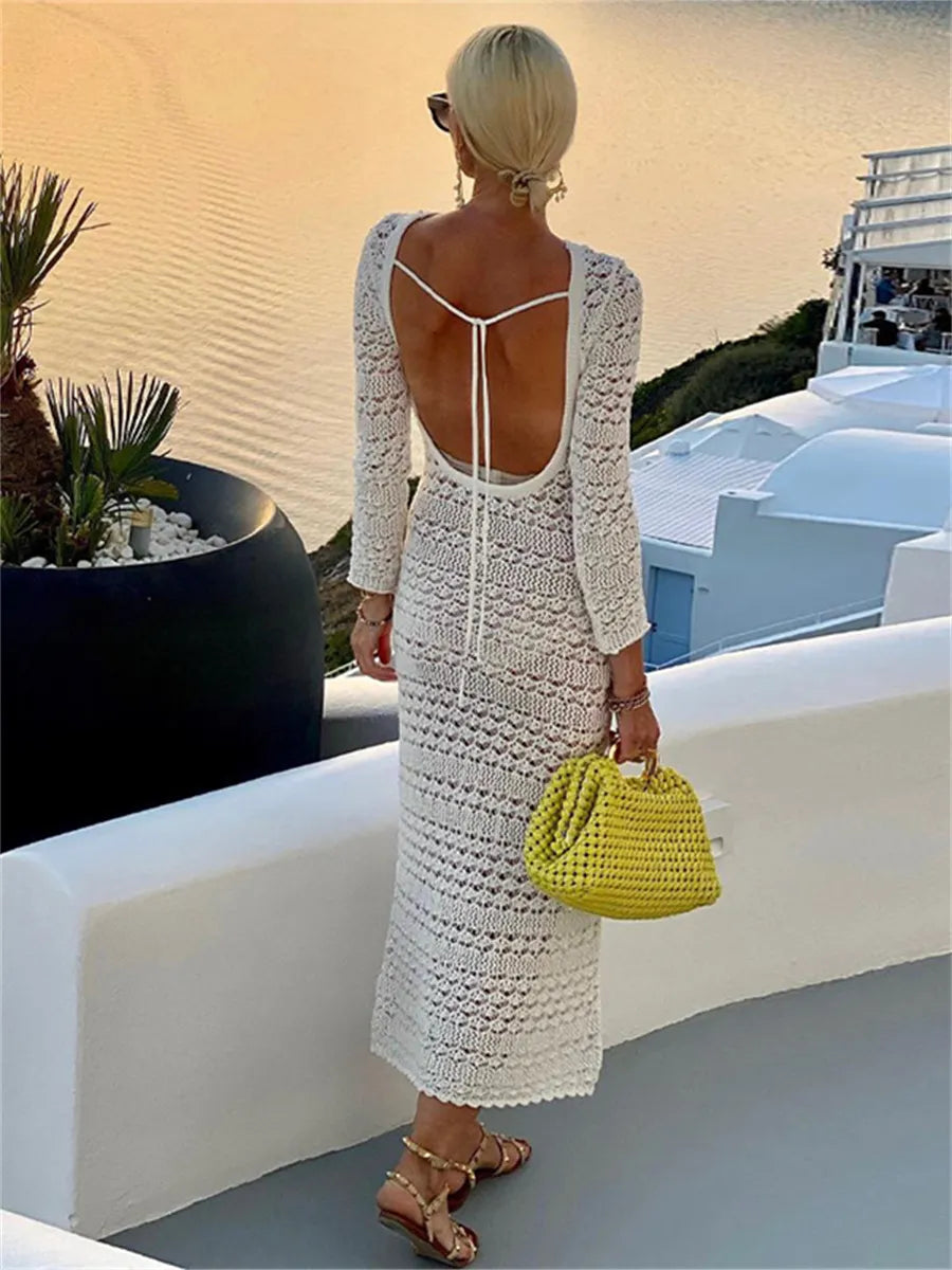 TRAF 2023 Fashion Women Stripe Hollow Out Knitted Dresses Summer Backless  Tight Jacquard Dress For Beach Spaghetti Strap Dress - AliExpress